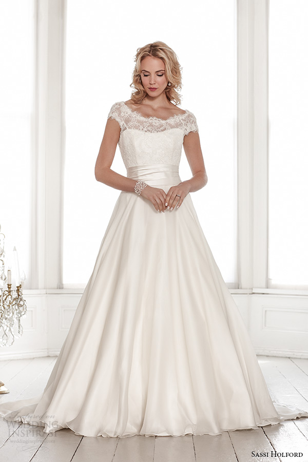 sassi holford wedding dress 2015 bridal signature collection lace boat neckline cap sleeves  a line style alexandra front