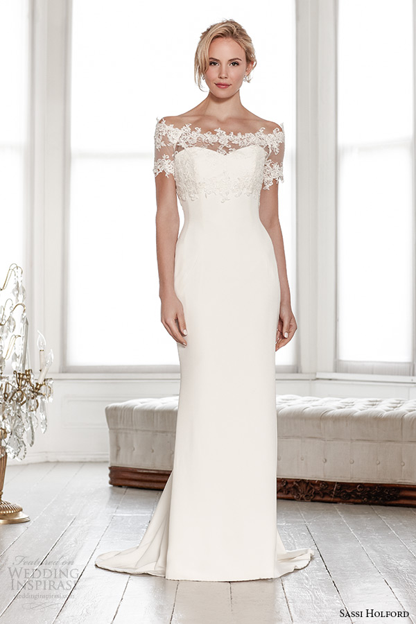 sassi holford wedding dress 2015 bridal signature collection lace shrug off the shoulder sweetheart sheath style camilla