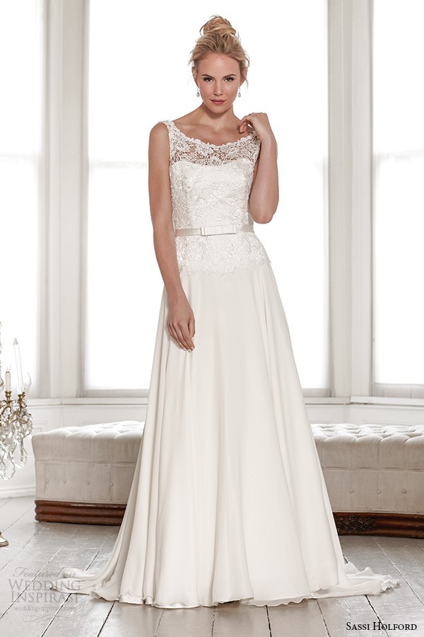 sassi holford wedding dress 2015 bridal signature collection lace strap sheer neckline top with belt a line low v cut back dress style isla