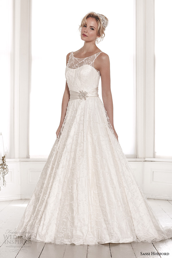 sassi holford wedding dress 2015 bridal signature collection scoop illusion neckline with sash a line dress style marianne