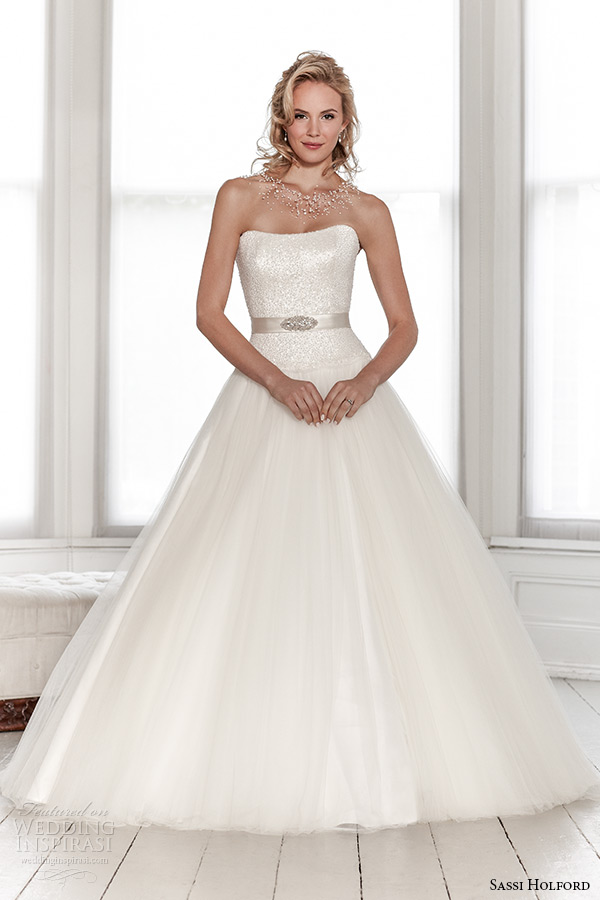 sassi holford wedding dress 2015 bridal signature collection semi sweetheart shimmering top tulle skirt with belt dress style summer front