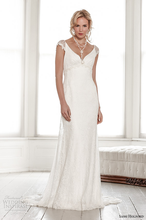 sassi holford wedding dress 2015 bridal signature collection sheer cap sleeves v neck empire dress style fleur