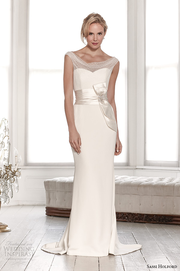 sassi holford wedding dress 2015 bridal signature collection spot top with belt sheath dress style charlotte