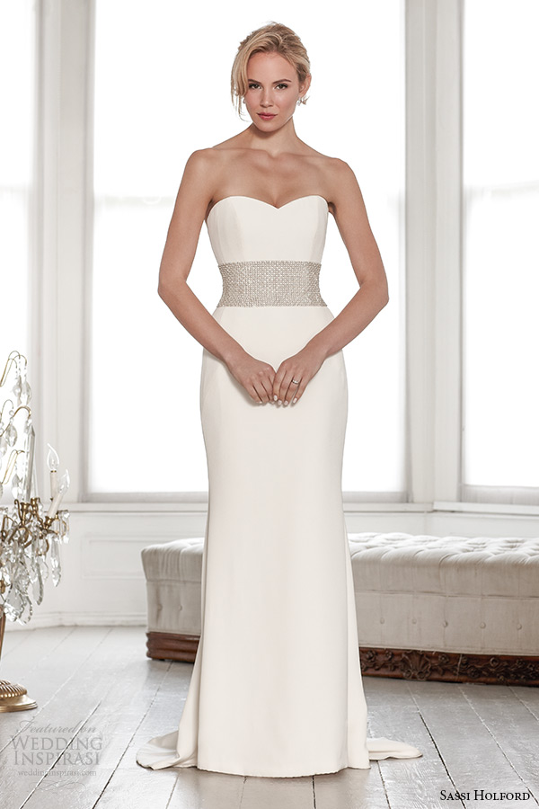 sassi holford wedding dress 2015 bridal signature collection strapless sweetheart neckline sheath dress with belt style joelle