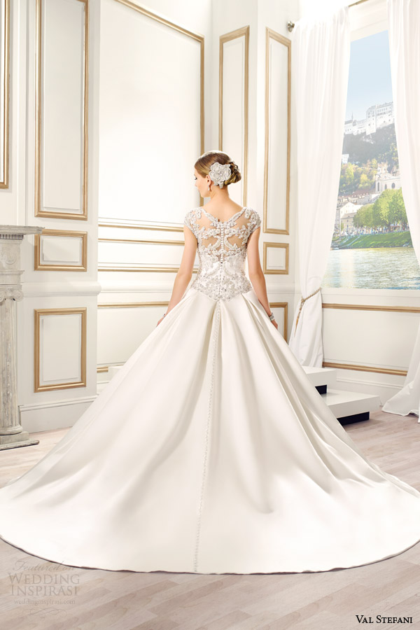 val stefani bridal spring 2015 style d8082 sandrine embellished cap sleeve ball gown wedding dress illusion beaded back view train