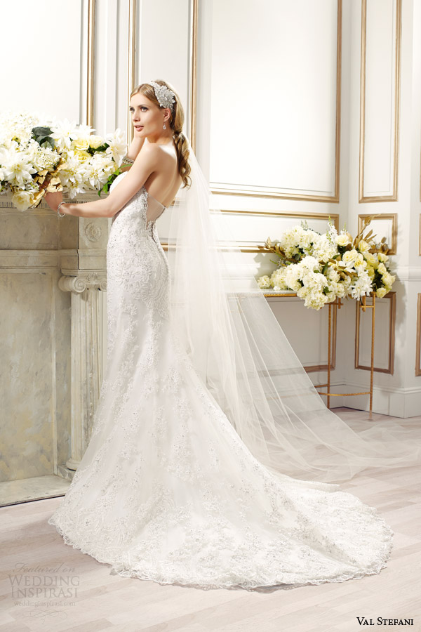 val stefani bridal spring 2015 style d8087 tallulah strapless mermaid wedding dress embroidered lace swarovski crystals illusion back train