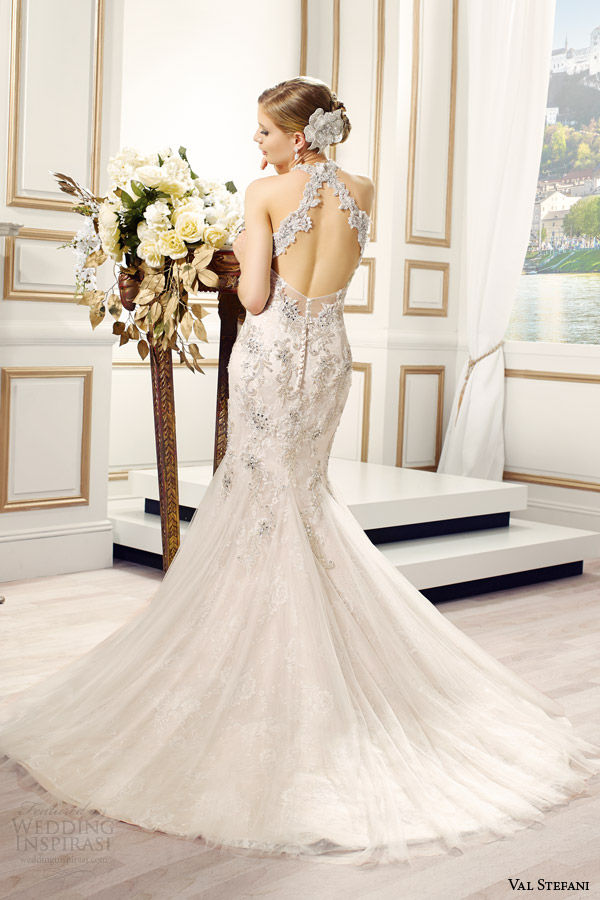 val stefani bridal spring 2015 style d8089 anja reembroidered lace swarovski crystal halter neck mermaid wedding dress godets keyhole back train