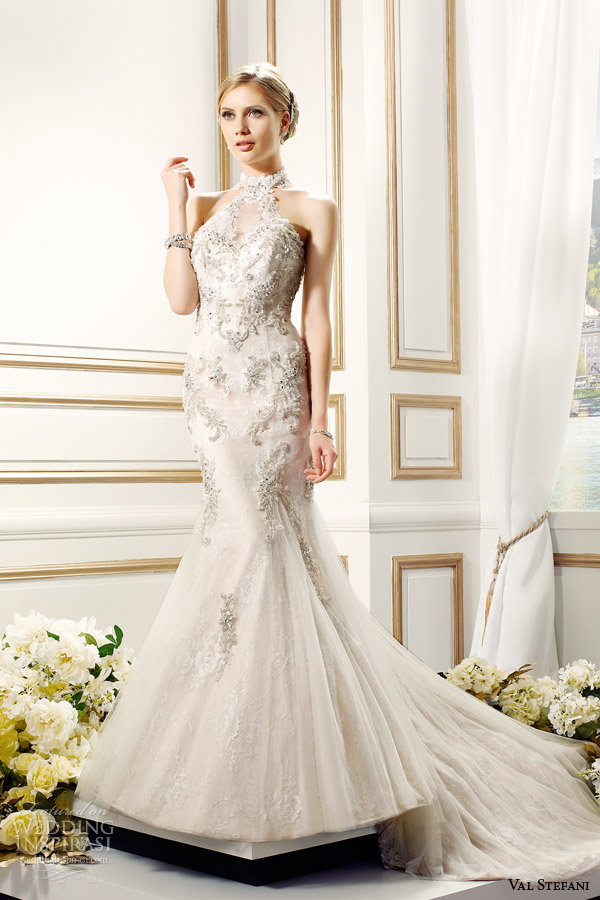 val stefani bridal spring 2015 style d8089 anja reembroidered lace swarovski crystal halter neck mermaid wedding dress godets