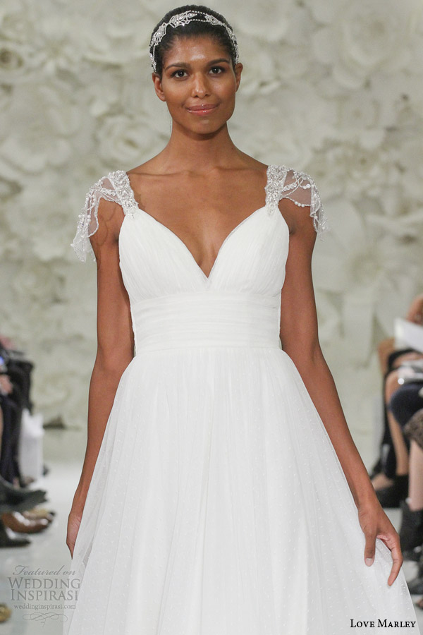 watters love marley bridal spring 2015 lola dotted tulle a line wedding dress beaded cap sleeves shirred waist close up bodice