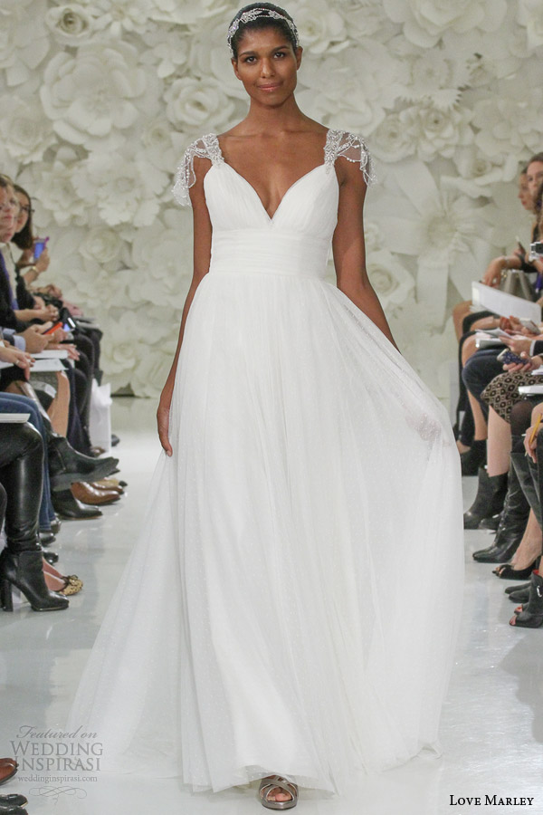 watters love marley bridal spring 2015 lola dotted tulle a line wedding dress beaded cap sleeves shirred waist