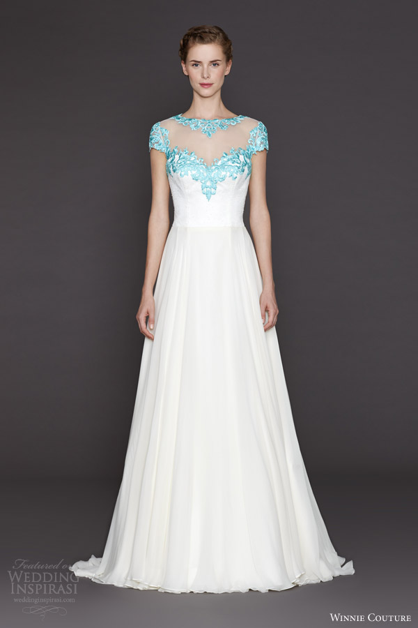 winnie couture bridal fall 2015 emilina wedding dress blue colored cap sleeves