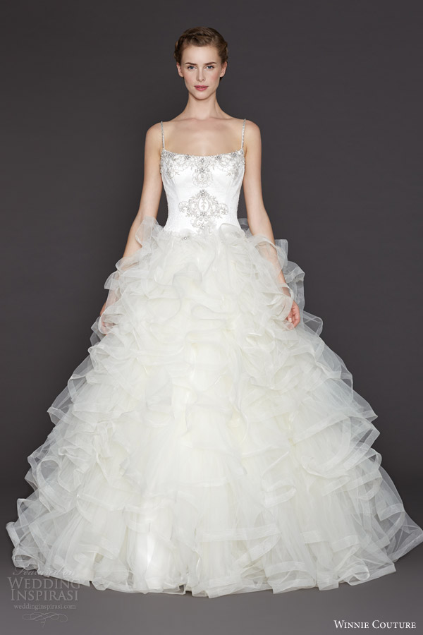 winnie couture wedding dresses 2015 mila ball gown ruffle skirt straps embroidered bodice