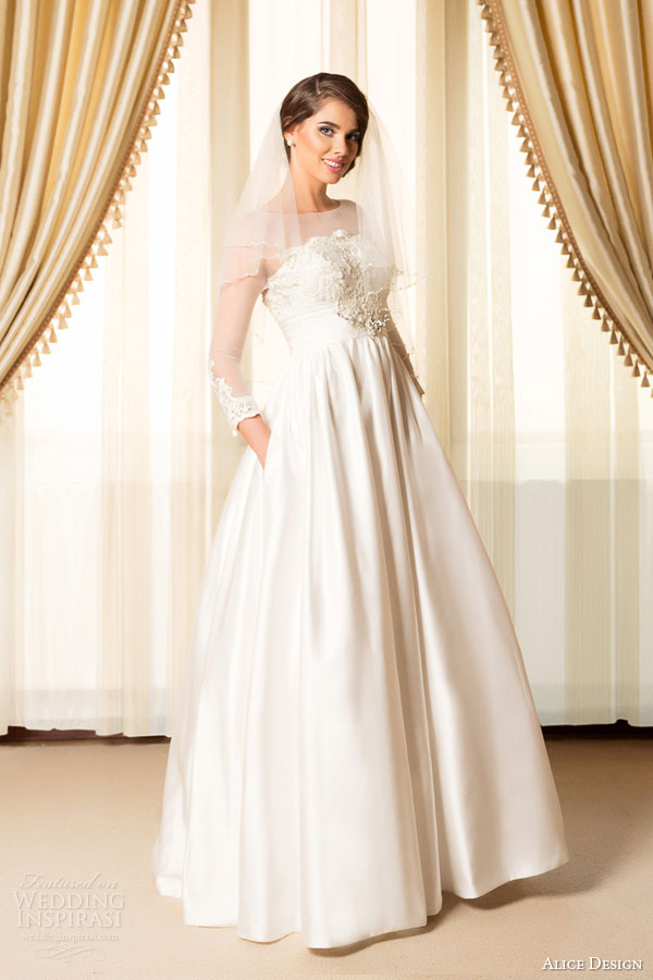 alice design bridal 2015 illusion long sleeve a line wedding dress