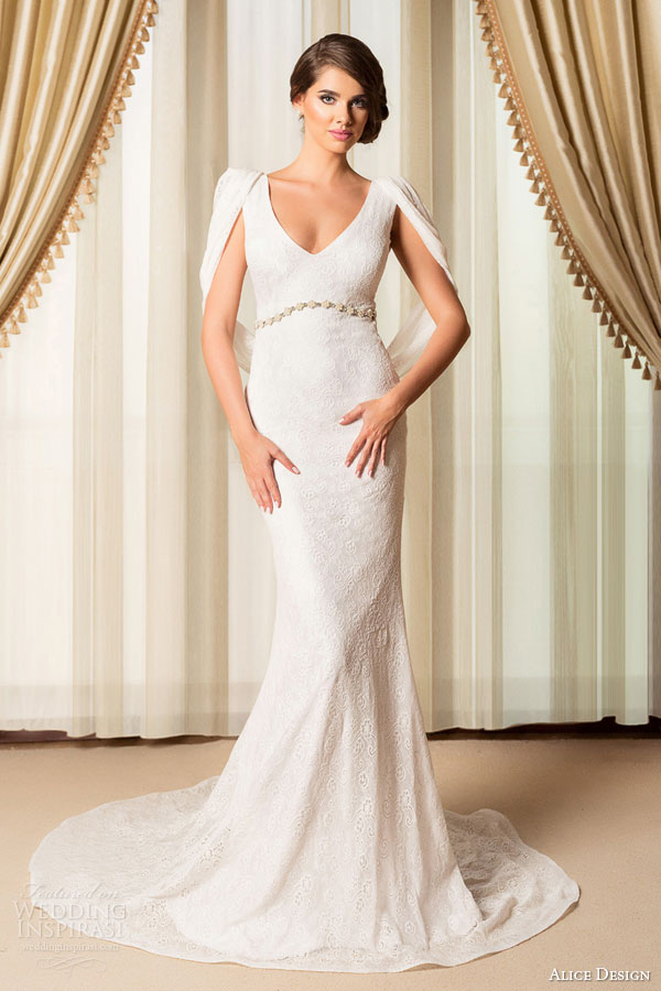 alice design bridal 2015 lace sheath wedding dress with cape sleeves