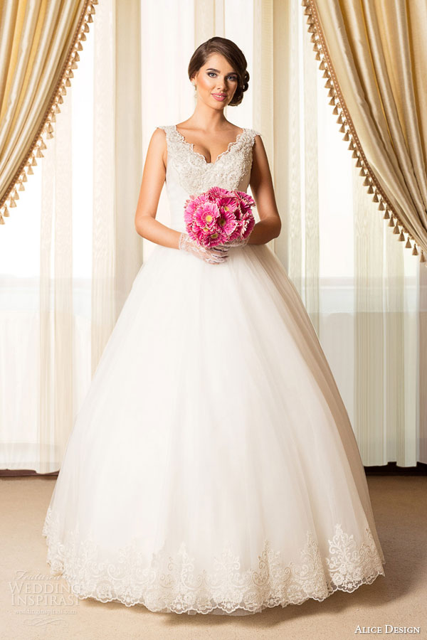 alice design bridal 2015 sleeveless ball gown wedding dress scallope v neckline