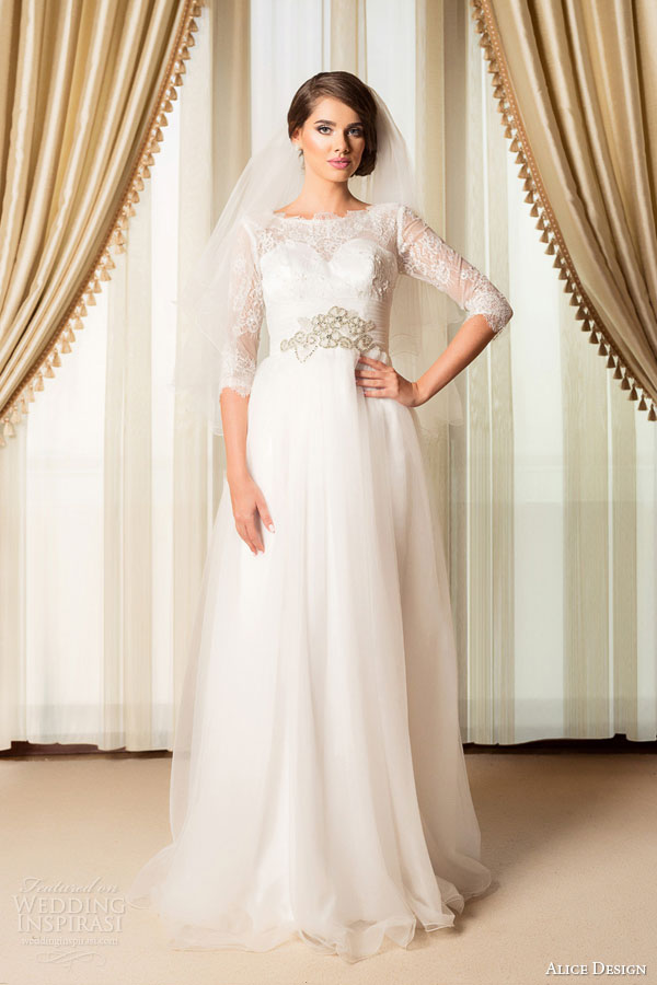 alice design bridal 2015 three quarter lace sleeve wedding dress crystal waist