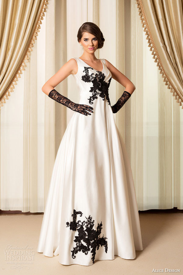 alice design bridal 2015 unique wedding dress sleeveless ball gown black lace accents