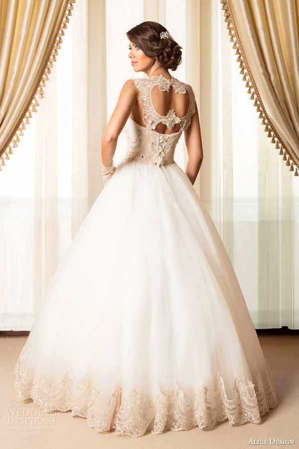 alice design bridal 2015 wedding dress sleeveless ball gown lace bodice gold keyhole back view