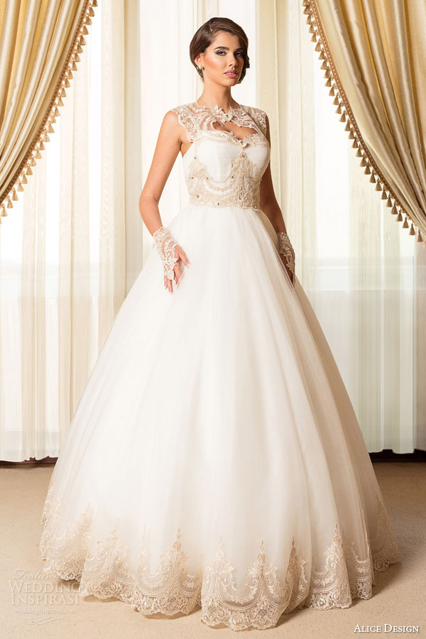 alice design bridal 2015 wedding dress sleeveless ball gown lace bodice gold