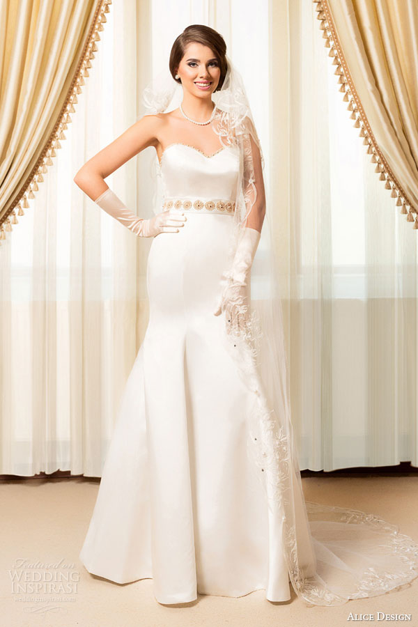 alice design bridal 2015 wedding dress strapless mermaid gold belt
