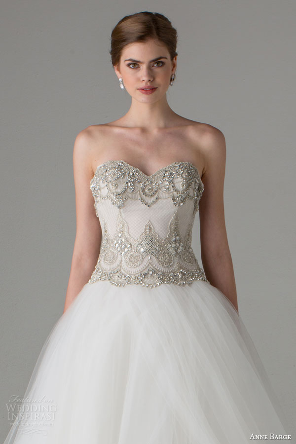 anne barge bridal fall 2015 audrey strapless ball gown wedding dress embellished bodice ethereal skirt close up