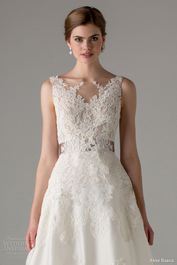 anne barge bridal fall 2015 giverny sleeveless wedding dress illusion bateau neck lace bodice close up