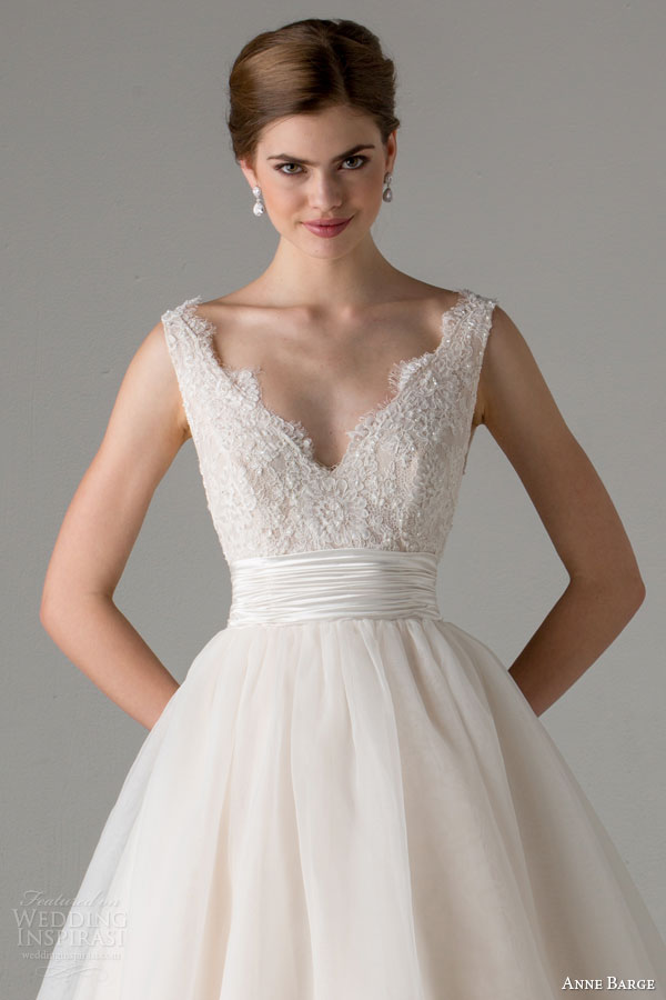 anne barge bridal fall 2015 leah sleeveless ball gown wedding dress blush scalloped v neckline straps close up
