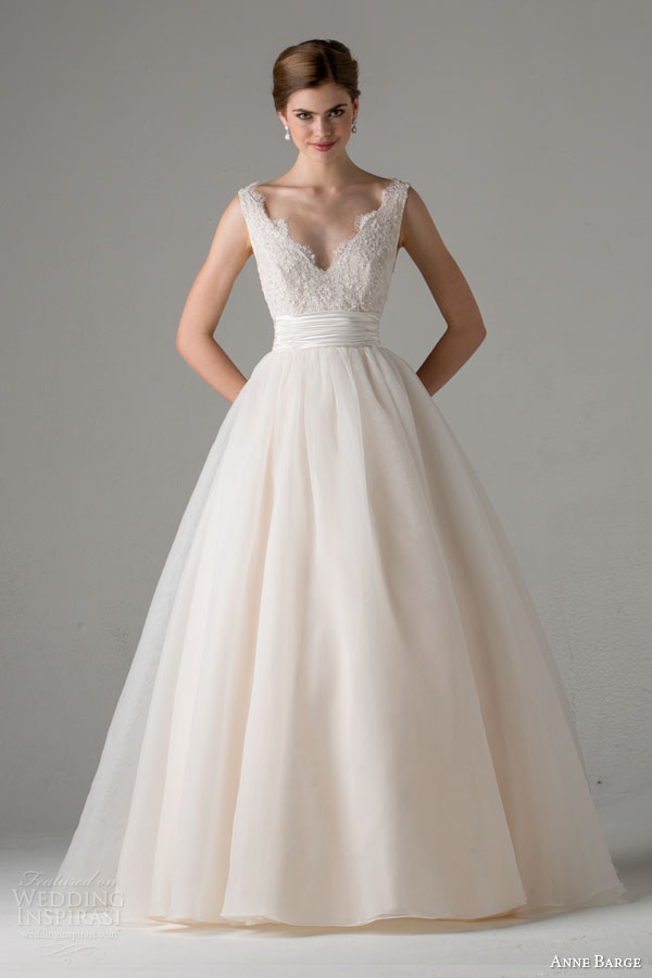 anne barge bridal fall 2015 leah sleeveless ball gown wedding dress blush scalloped v neckline straps