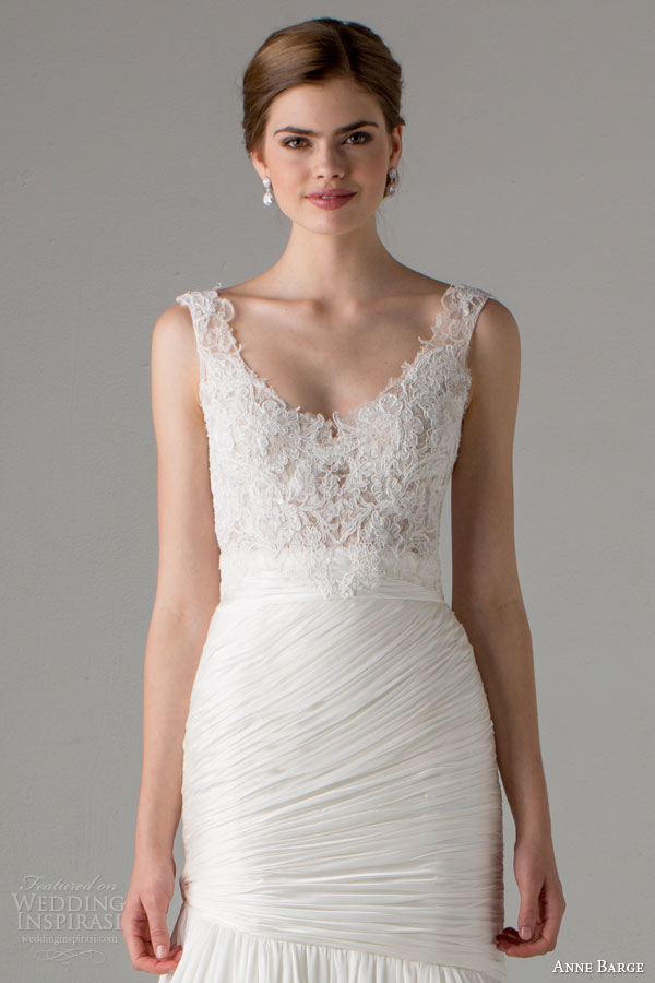 anne barge bridal fall 2015 olivia sleeveless mermaid wedding dress scoop neckline ruched skirt close up bodice straps