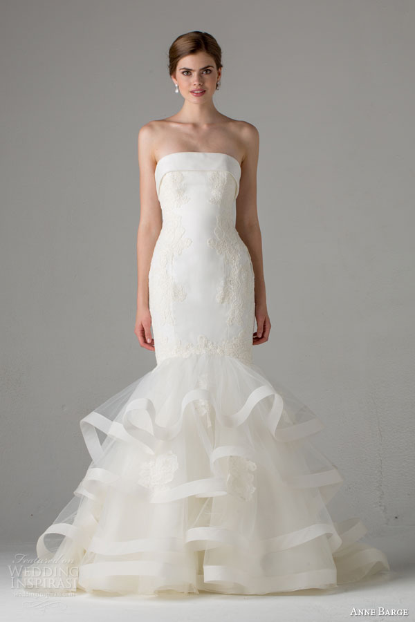 anne barge bridal fall 2015 paris strapless mermaid wedding dress lace appliques horsehair tiered skirt