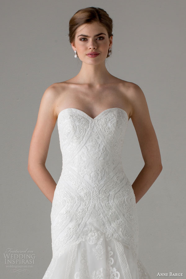 anne barge bridal fall 2015 taylor strapless fit flare sweetheart lace wedding dress close up bodice