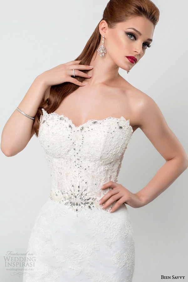 bien savvy 2015 bridal tina strapless mermaid wedding dress crystal bodice close up