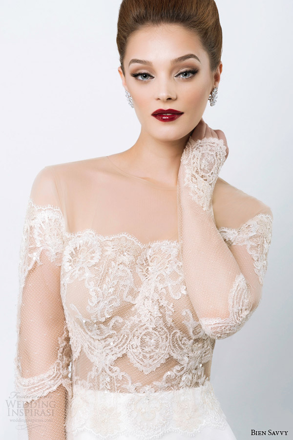 bien savvy 2015 lucia long sleeve mermaid wedding dress illusion bodice close up