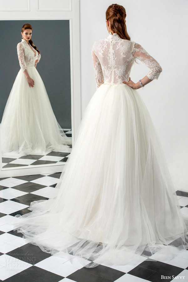 bien savvy bridal 2015 rebecca three quarter sleeve ball gown wedding dress lace bodice back view