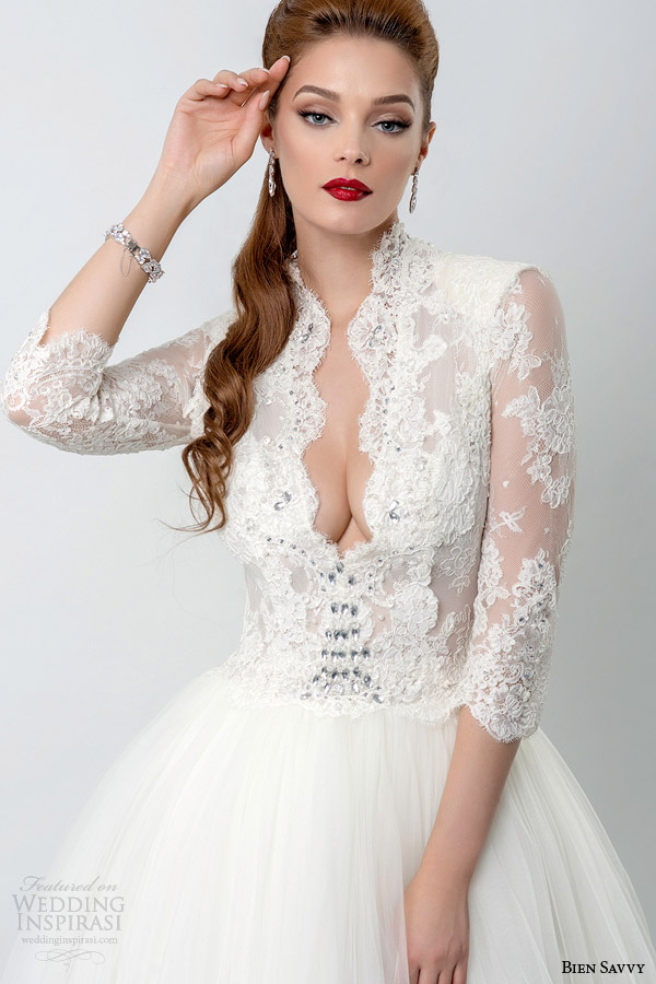 bien savvy bridal 2015 rebecca three quarter sleeve ball gown wedding dress lace bodice close up