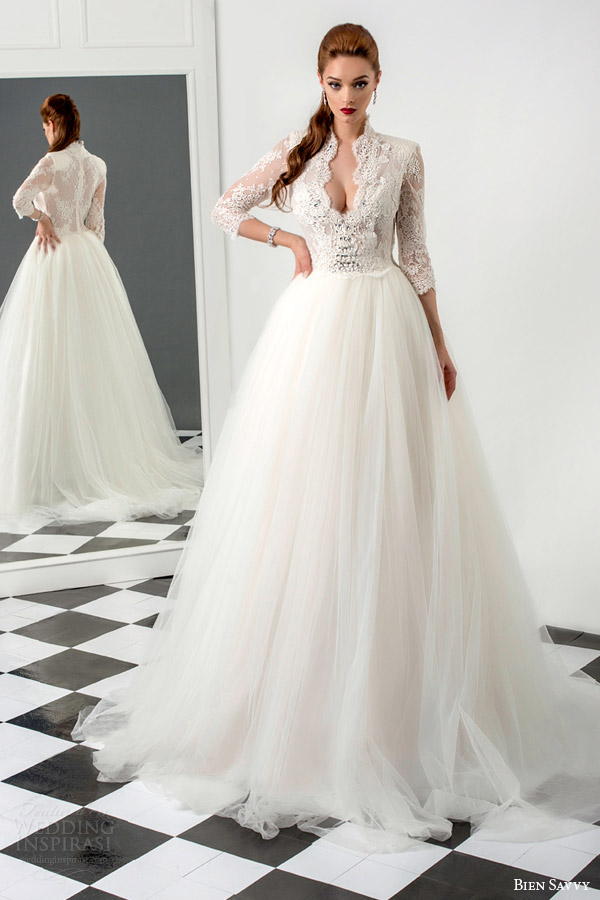 bien savvy bridal 2015 rebecca three quarter sleeve ball gown wedding dress lace bodice