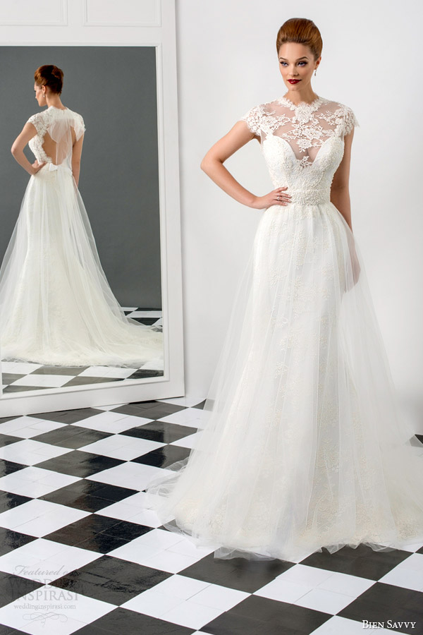 bien savvy bridal 2015 sophia cap sleeve wedding dress illusion high neck a line overlay mermaid skirt