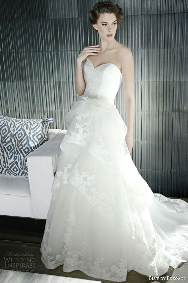 blue by enzoani bridal 2014 hollister a line wedding dress strapless sweetheart neckline tiered skirt