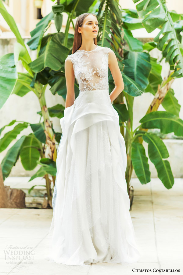 christos costarellos 2015 bridal br15 01 sleeveless wedding dress illusion bodice