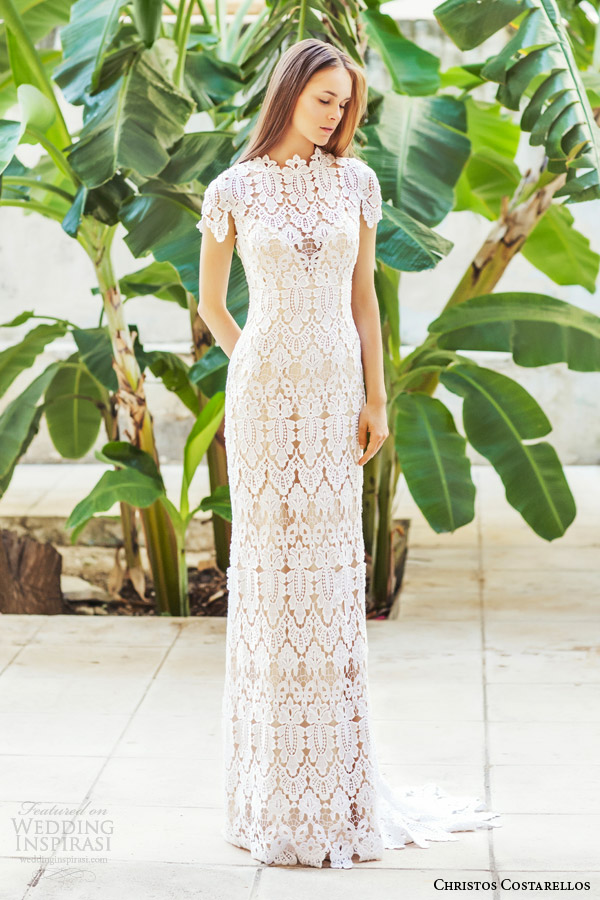 christos costarellos bridal 2015 br15 11 short sleeve wedidng dress high neck guipure lace