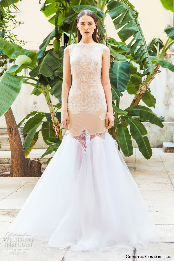 christos costarellos bridal 2015 br15 12 sleeveless fit flare wedding dress nude lace bodice