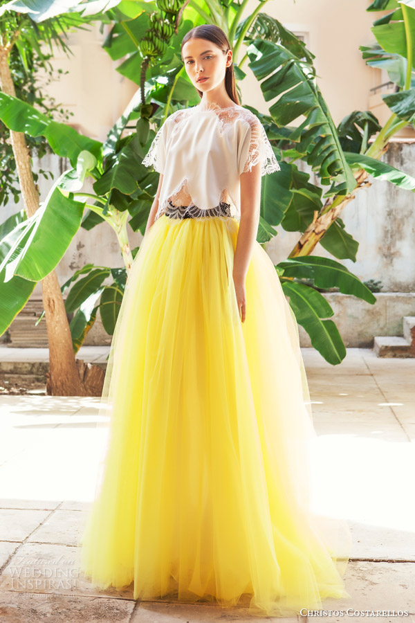 christos costarellos bridal 2015 br15 23 wedding dress illusion sleeve top yellow tulle ball gown skirt