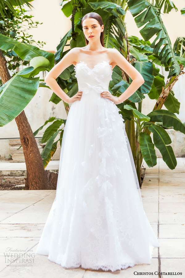 christos costarellos bridal 2015 br15 24 strapless a line wedding dress petal appliques