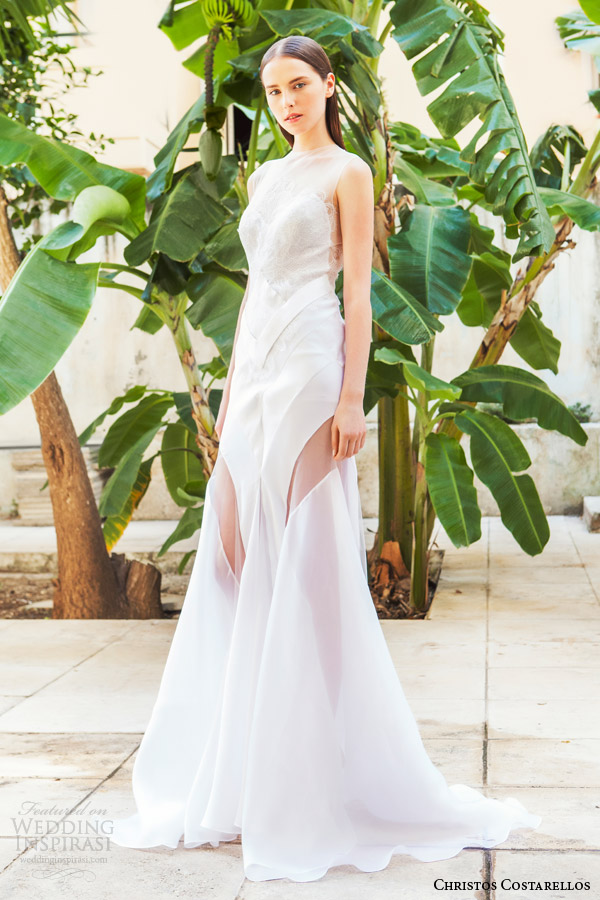 christos costarellos bridal 2015 br15 32 sleeveless wedding dress illusion high neckline sheer panel skirt