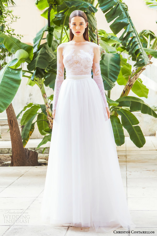 christos costarellos bridal 2015 br15 38 wedding dress illusion long sleeves neckline