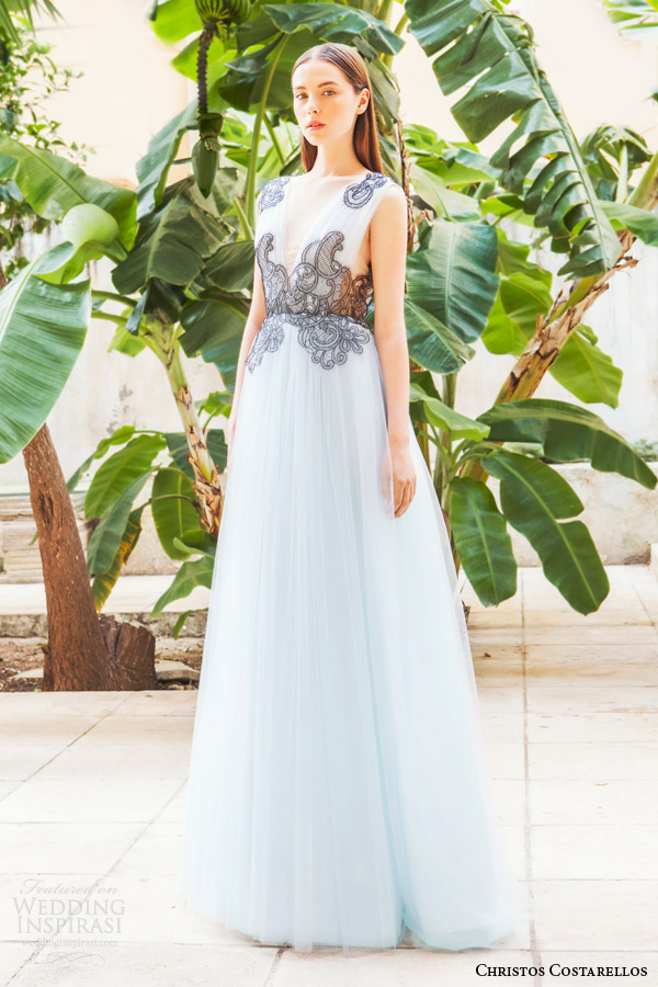 christos costarellos bridal 2015 ss15 10 pale blue tulle gown black lace accents bodice