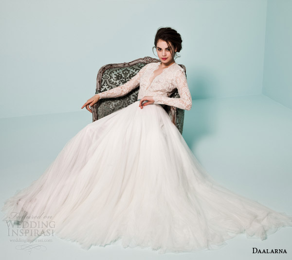 daalarna bridal 2015 pearl collection wedding dresses long sleeve lace top tulle a line skirt colored sash sitting view