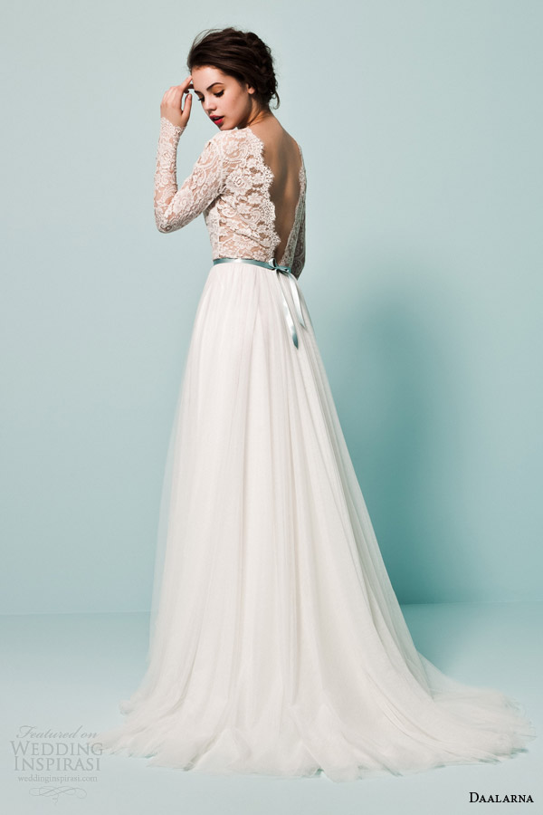 daalarna bridal 2015 pearl collection wedding dresses long sleeve lace top tulle a line skirt colored sash