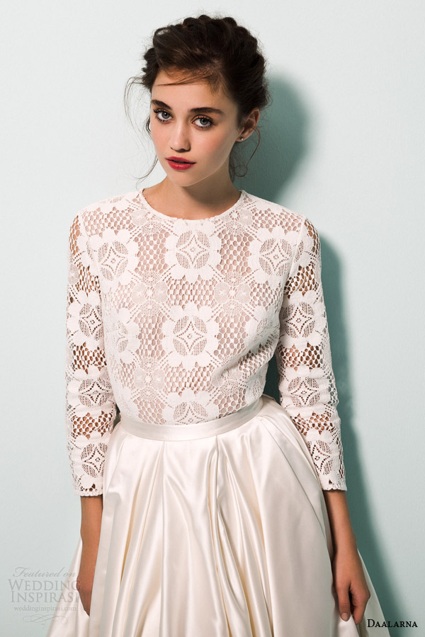 daalarna bridal 2015 pearl collection wedding dresses long sleeves high low ball gown skirt close up lace crochet bodice daalarna bridal 2015 pearl collection wedding dresses long sleeves high low ball gown skirt close up lace crochet bodice