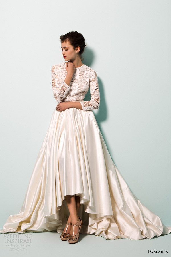 daalarna bridal 2015 pearl collection wedding dresses long sleeves high low ball gown skirt